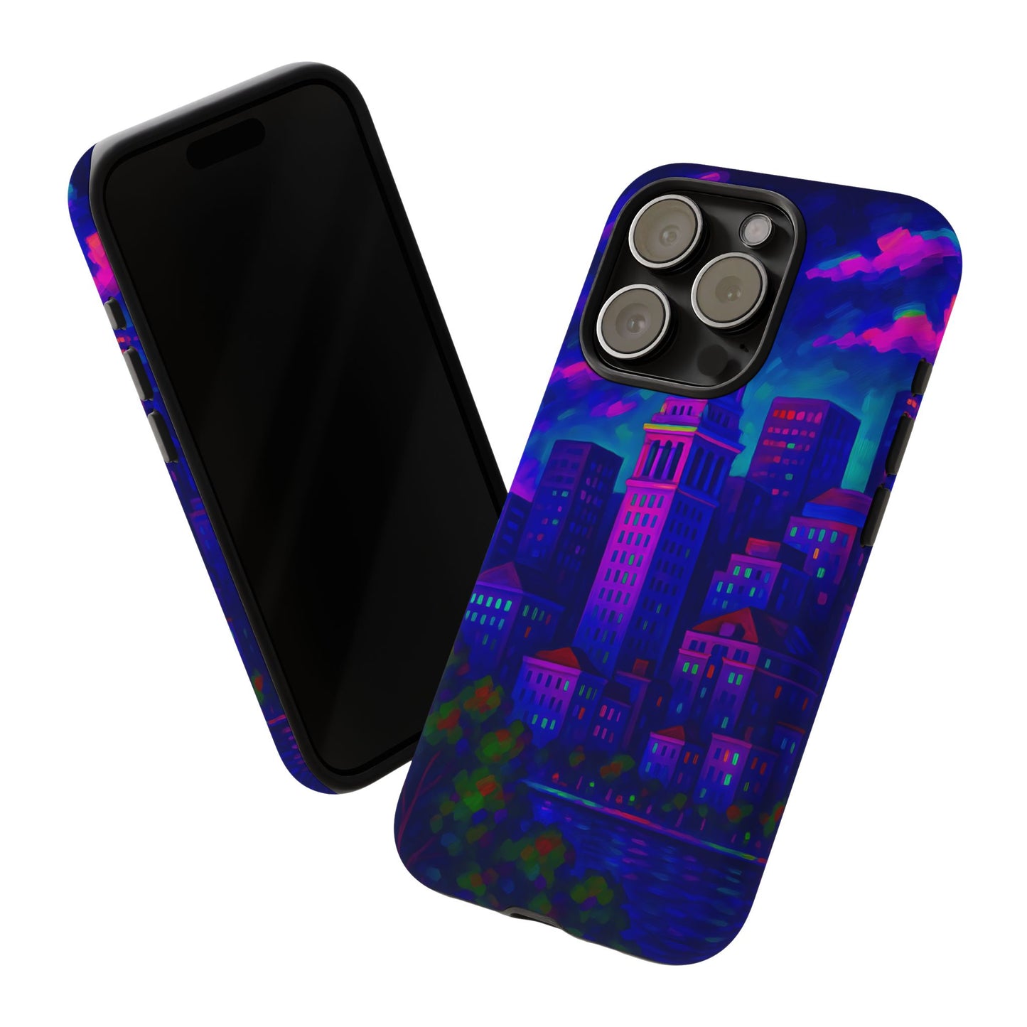 Boston Cityscape Tough Phone Case, Neon Night Skyline, Sunset Tower View Watercolor Urban Art, Compatible with iPhone, Galaxy, Google Phones