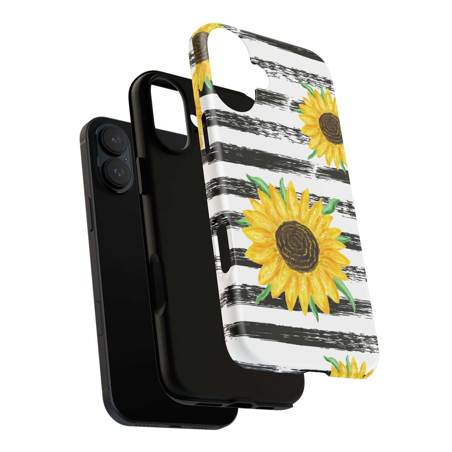 Sunflower Tough Phone Case - Bright Yellow Floral Art, Black and White Striped Aesthetic, Compatible with iPhone, Galaxy, and Google Phones