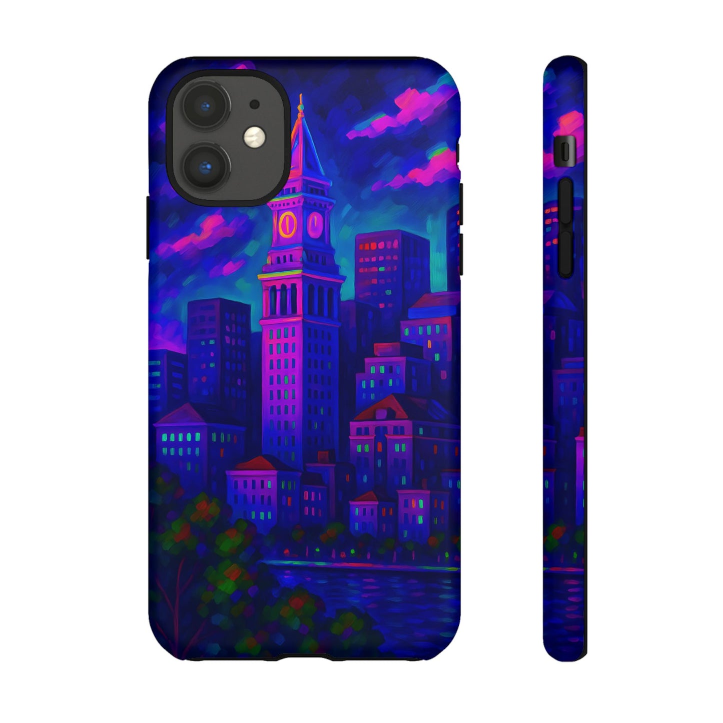 Boston Cityscape Tough Phone Case, Neon Night Skyline, Sunset Tower View Watercolor Urban Art, Compatible with iPhone, Galaxy, Google Phones