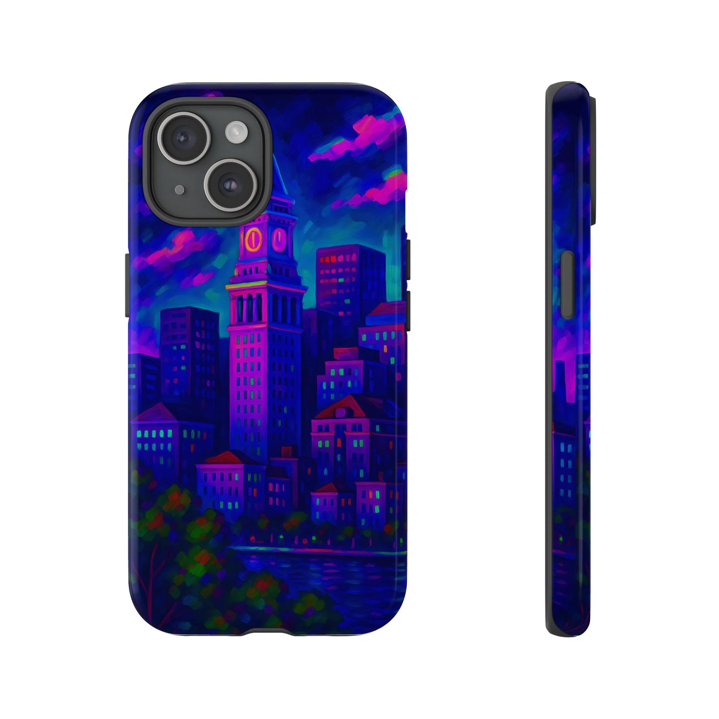 Boston Cityscape Tough Phone Case, Neon Night Skyline, Sunset Tower View Watercolor Urban Art, Compatible with iPhone, Galaxy, Google Phones