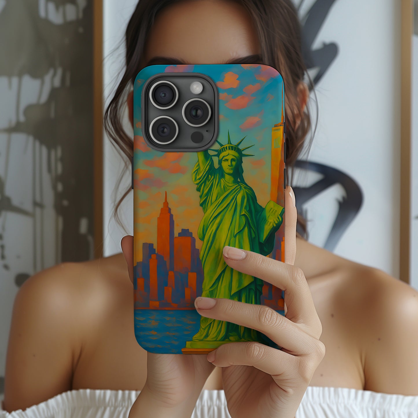 Cityscape Tough Phone Case, New York City Skyline Phone Cover, Sunset Glow Design Compatible with iPhone, Galaxy & Google