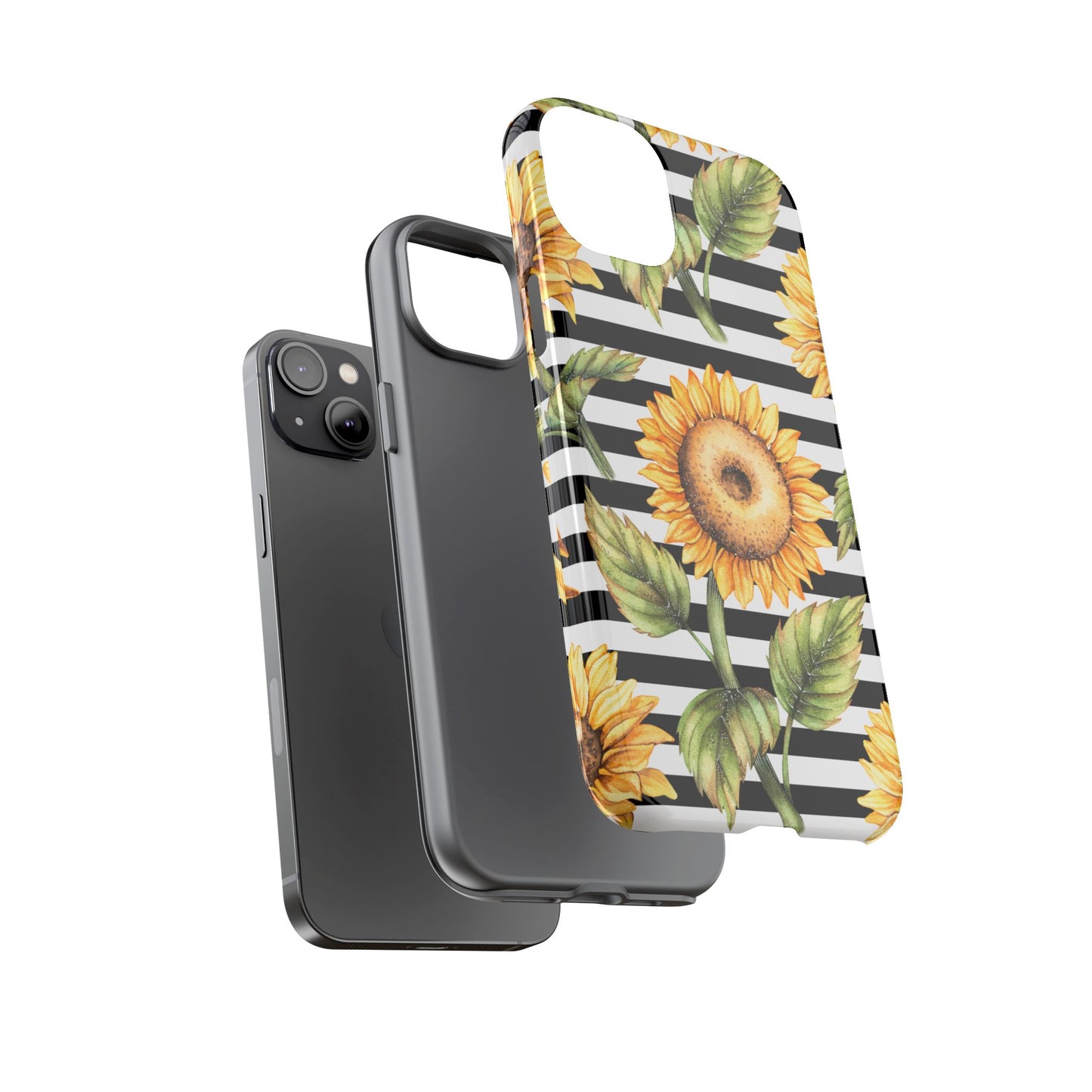 Sunflower Tough Phone Case - Bold Yellow Floral Art, Black and White Striped Aesthetic, Compatible with iPhone, Galaxy, and Google Phones