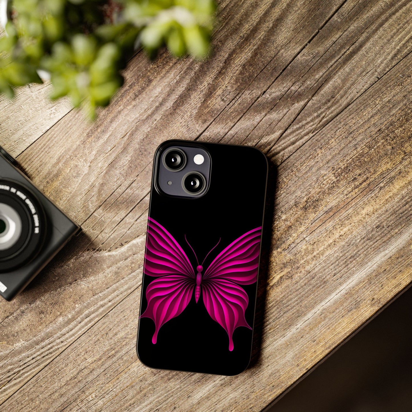 Pink Butterfly Phone Case, Elegant Insect Art, Black Aesthetic Slim Phone Case Compatible with iPhone, Galaxy, Google