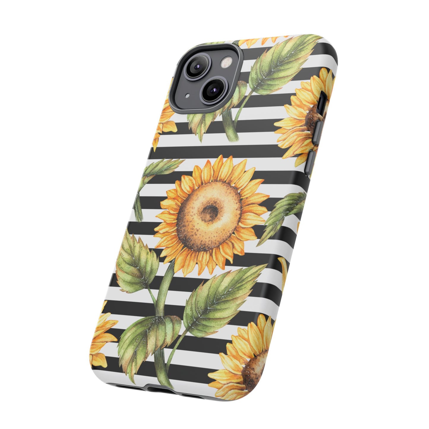 Sunflower Tough Phone Case - Bold Yellow Floral Art, Black and White Striped Aesthetic, Compatible with iPhone, Galaxy, and Google Phones