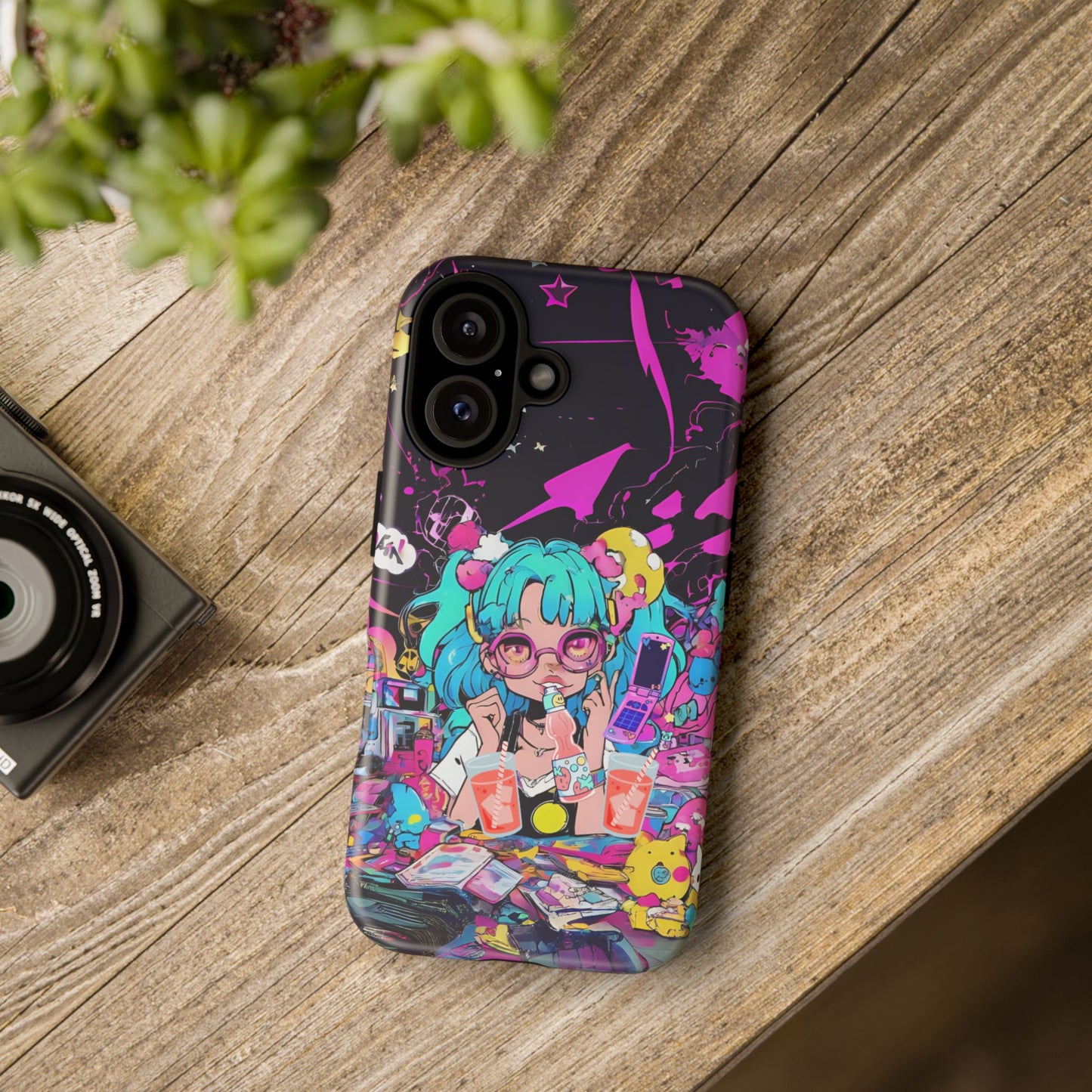 Y2K Anime Girl Tough Phone Case - Kawaii Vaporwave Style, Cute Maximalist Aesthetic, Compatible with iPhone, Galaxy, and Google Phones