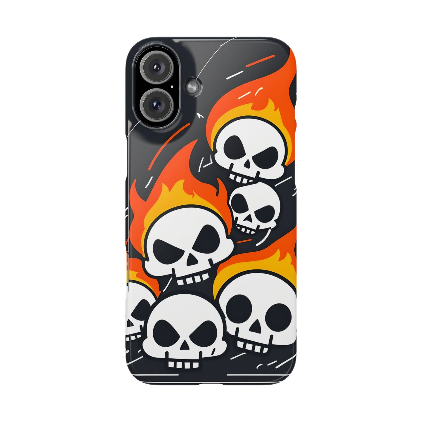 Flaming Skulls Slim Phone Case, Y2K Alt Halloween Aesthetic, Creepy Cute Cartoon Style, Stylish Music Lovers, Perfect Gift for Halloween