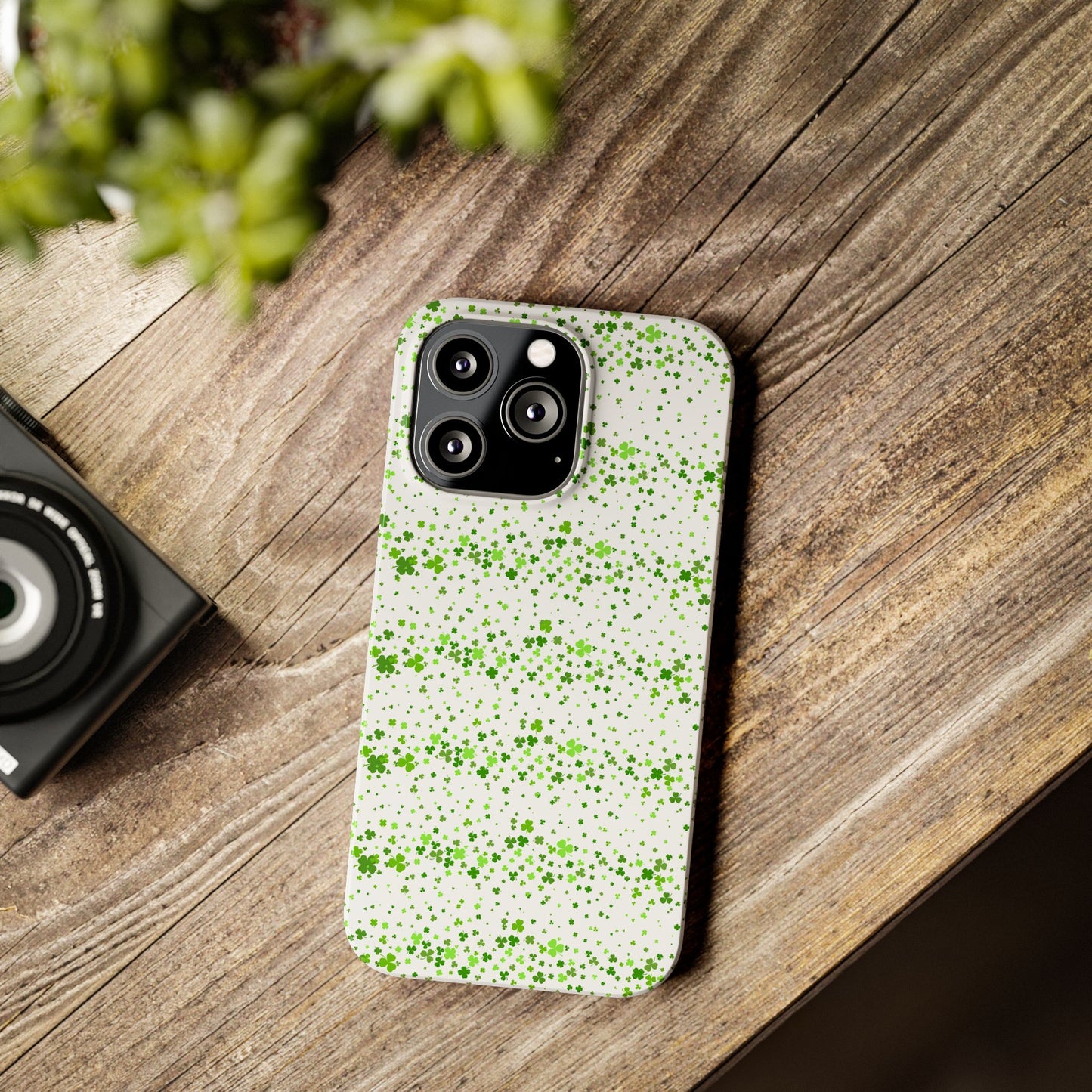 Shamrock Slim Phone Case, Minimal St Patricks Day Clover Pattern, Irish Green Cover Compatible with iPhone 17, 16, 15, 14, 13, 12, 11