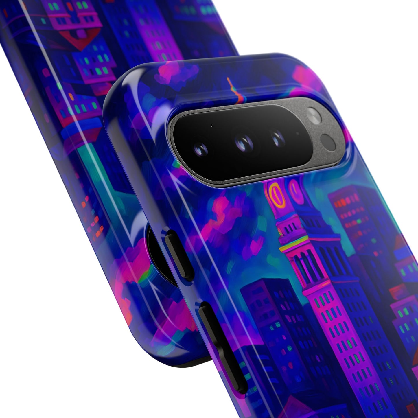 Boston Cityscape Tough Phone Case, Neon Night Skyline, Sunset Tower View Watercolor Urban Art, Compatible with iPhone, Galaxy, Google Phones