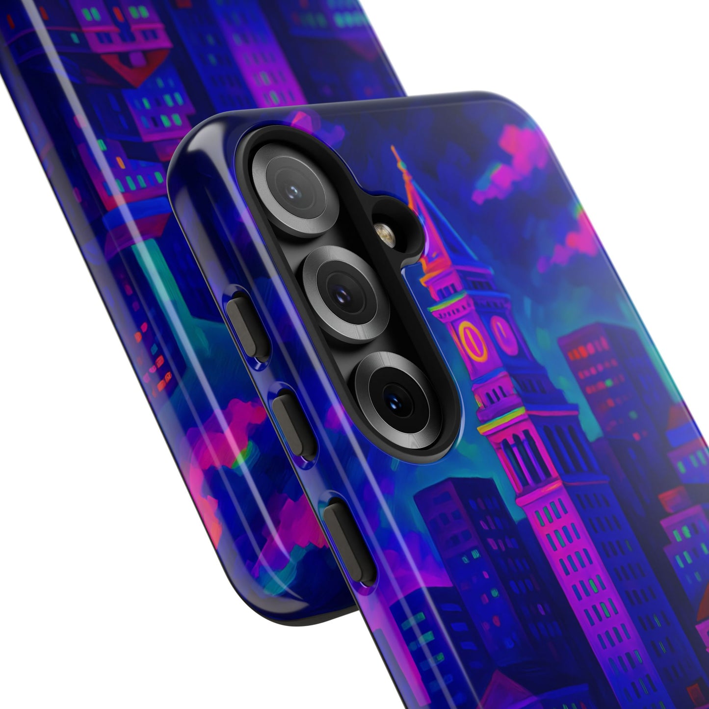 Boston Cityscape Tough Phone Case, Neon Night Skyline, Sunset Tower View Watercolor Urban Art, Compatible with iPhone, Galaxy, Google Phones