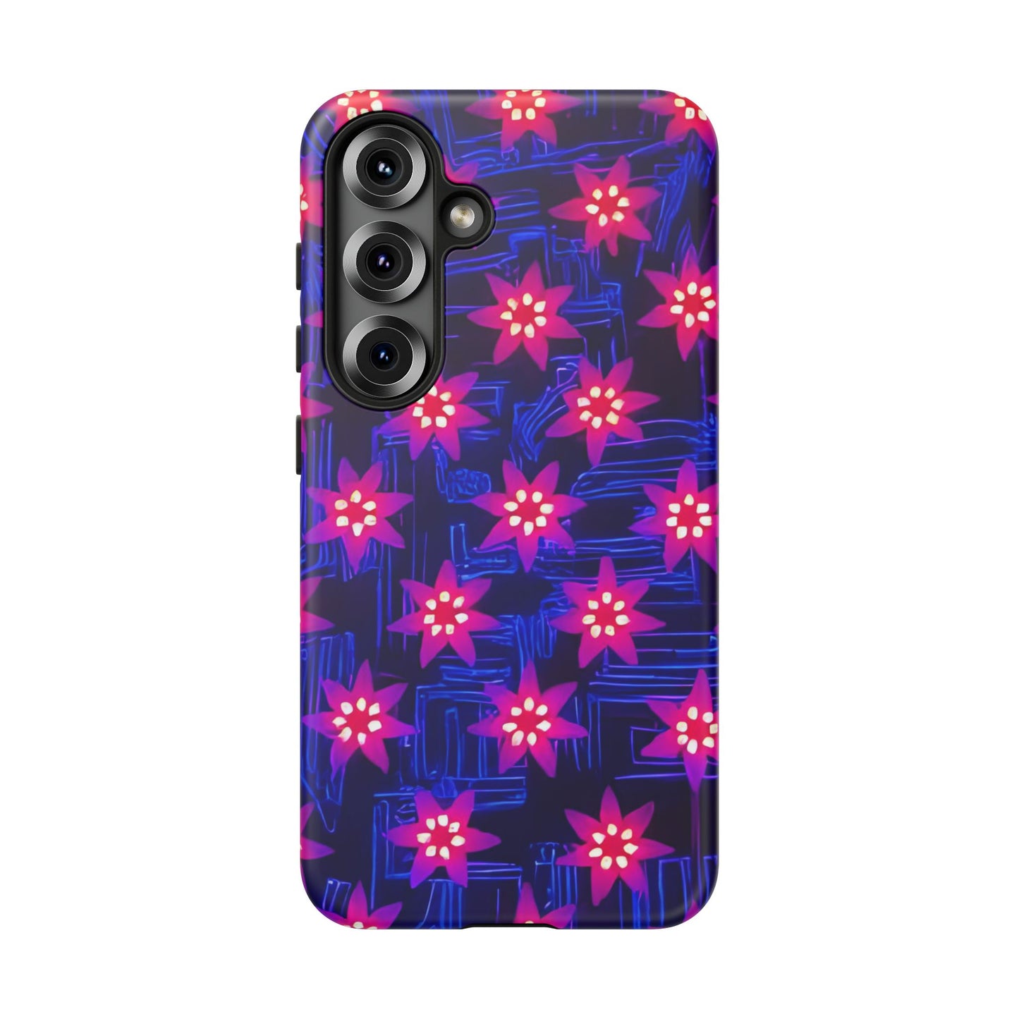 Neon Flower Tough Phone Case - Trippy Dark Floral Art, Electric Glow Aesthetic, Compatible with iPhone, Galaxy, and Google Phones