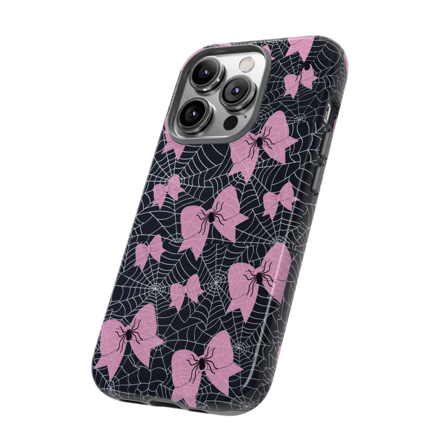 Pink Spider Bow Phone Case, Goth Coquette Spiderweb Phone Cover Creepy Cute Halloween Aesthetic Case Spooky Glam Girl Accessory for Alt Fans