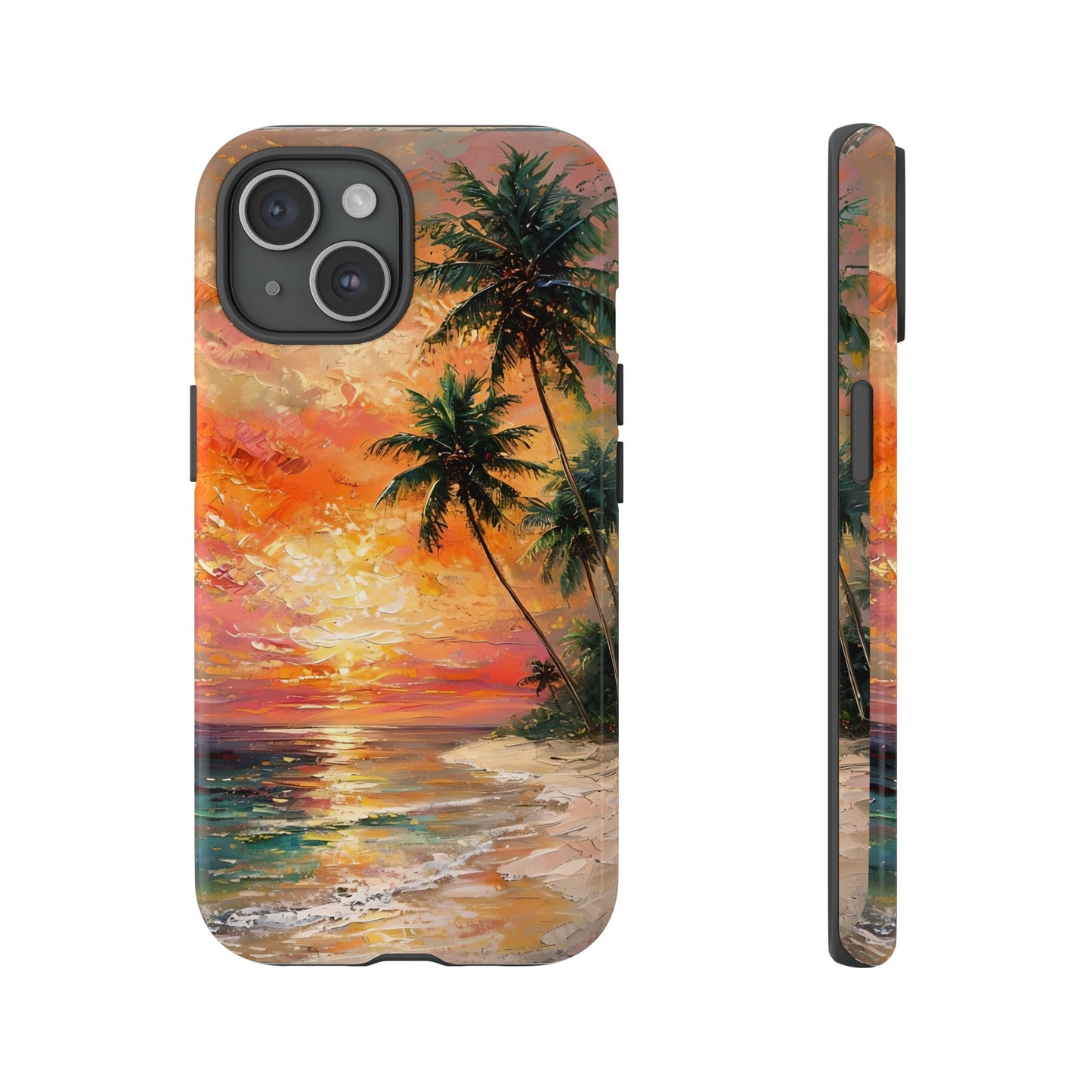 Tropical Beach Scenery Tough Phone Case, Oil Painting, Sunset Shoreline Compatible with iPhone 17, 16, 15, 14, 13, Galaxy, Google