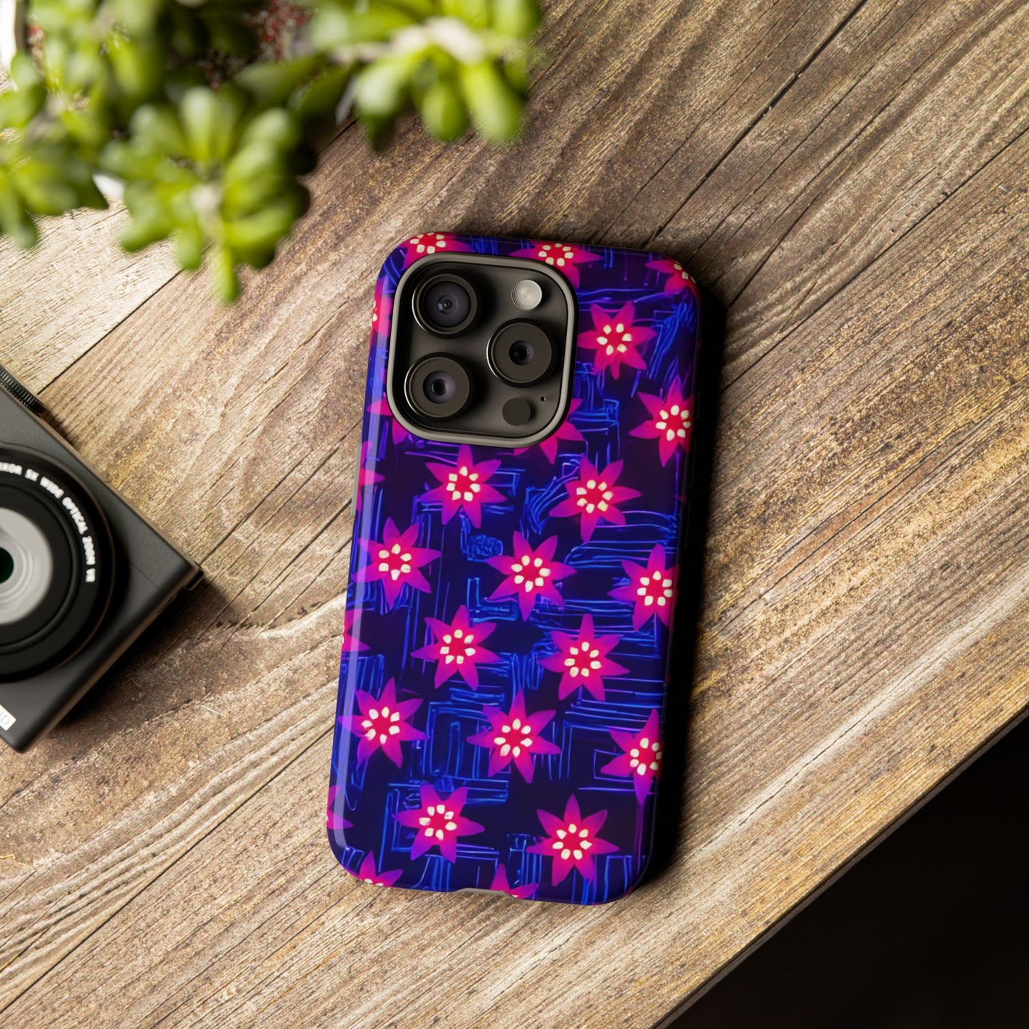 Neon Flower Tough Phone Case - Trippy Dark Floral Art, Electric Glow Aesthetic, Compatible with iPhone, Galaxy, and Google Phones
