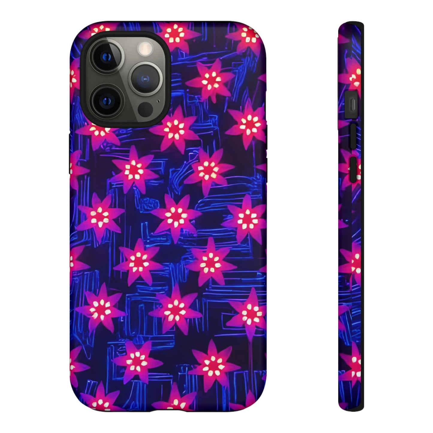 Neon Flower Tough Phone Case - Trippy Dark Floral Art, Electric Glow Aesthetic, Compatible with iPhone, Galaxy, and Google Phones