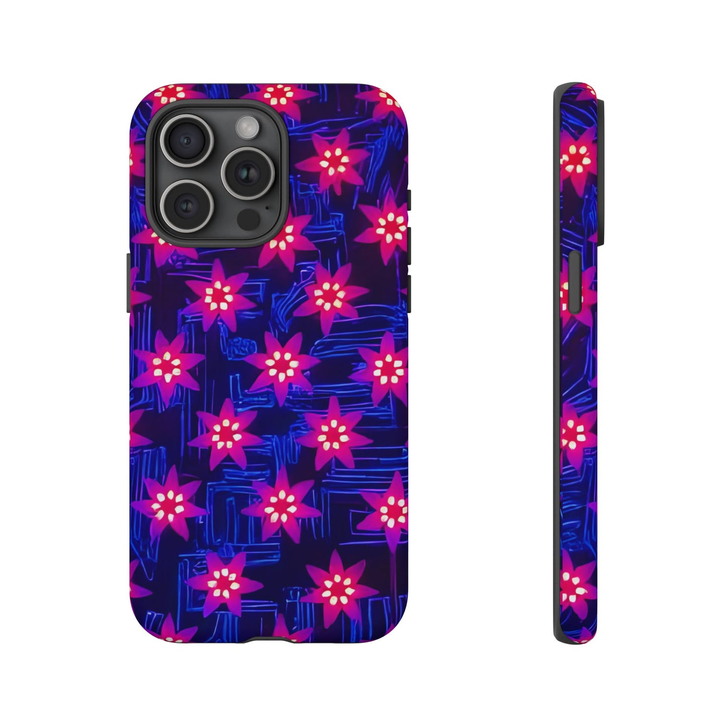 Neon Flower Tough Phone Case - Trippy Dark Floral Art, Electric Glow Aesthetic, Compatible with iPhone, Galaxy, and Google Phones