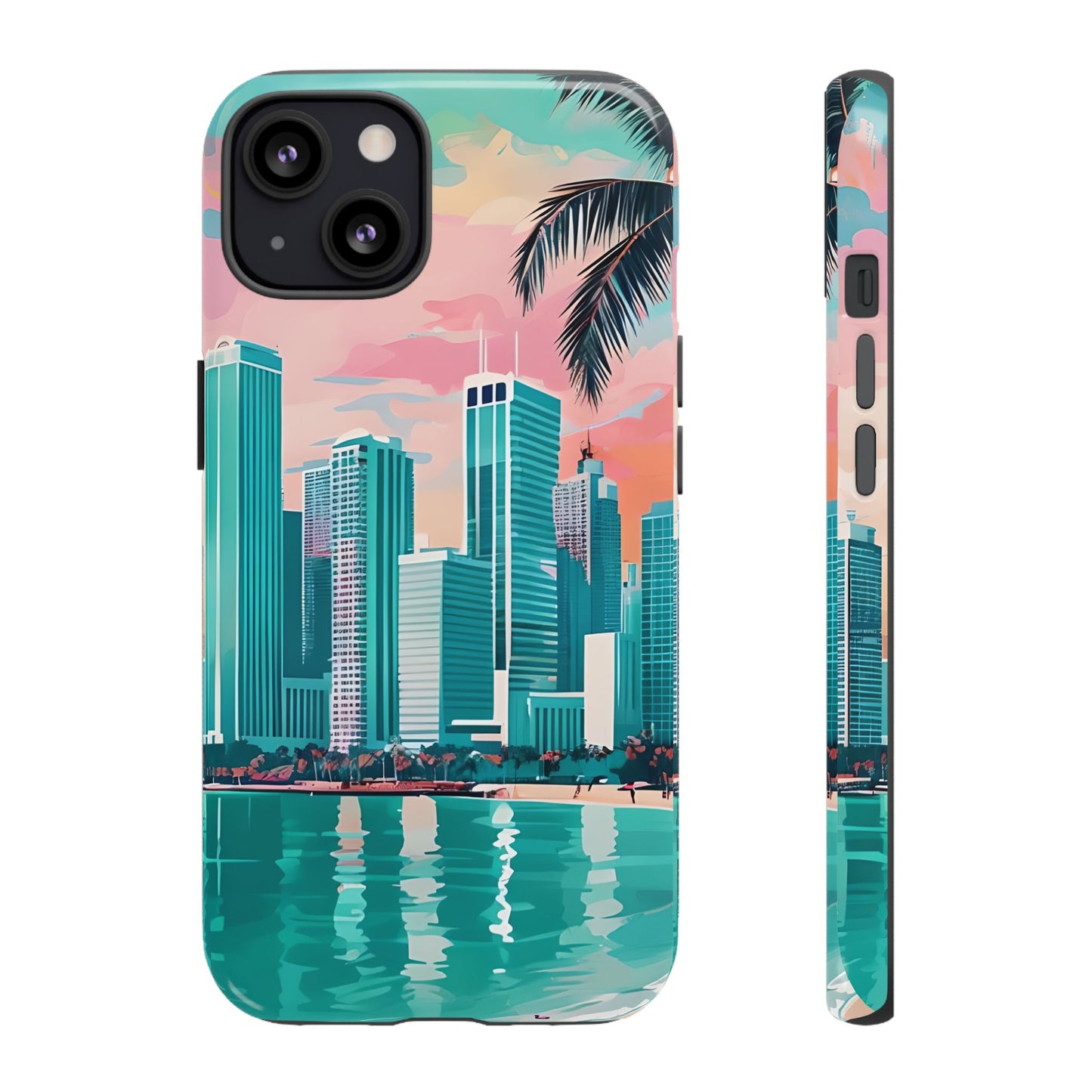 Miami Cityscape Phone Case - Tropical Skyline Tough Case, Sunset Beach Urban Art, Gift for Travelers Compatible with iPhone, Galaxy, Google