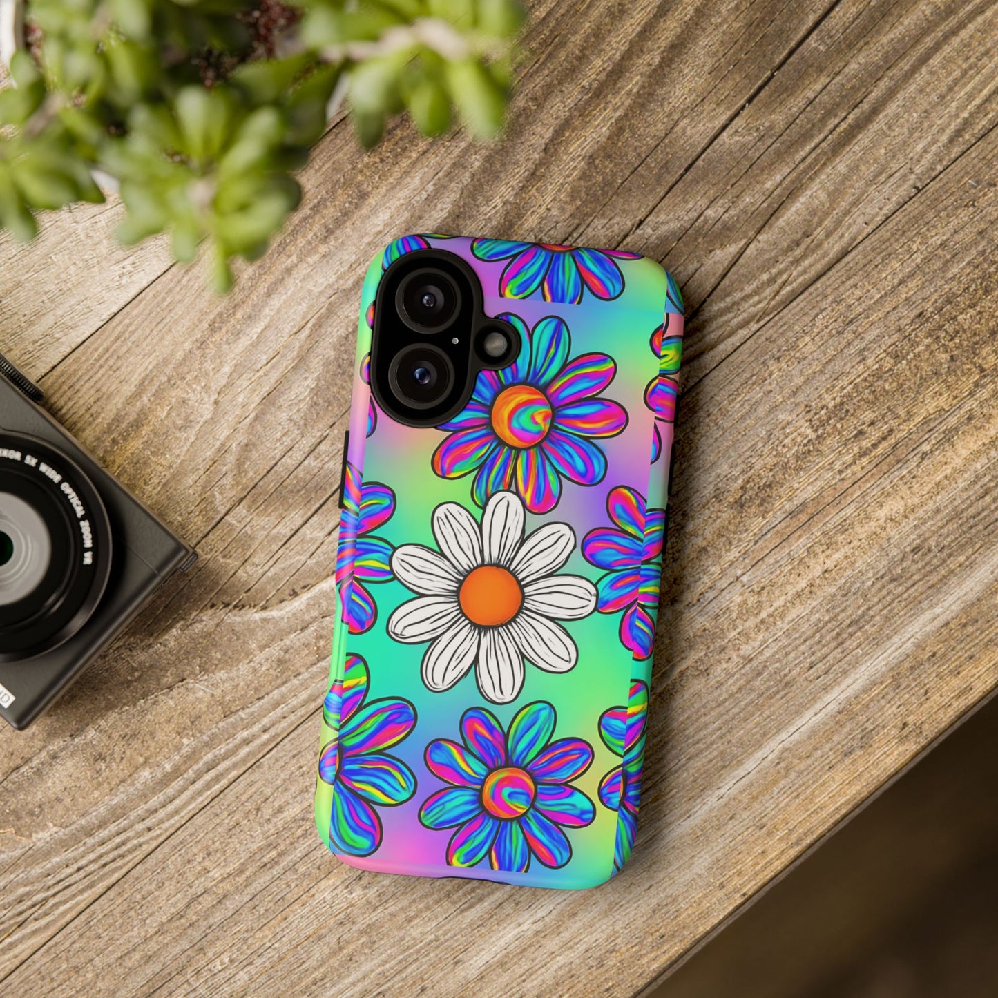 Trippy Daisy Tough Phone Case - Psychedelic Floral Design, Colorful Retro Aesthetic, Compatible with iPhone, Galaxy, and Google Phones