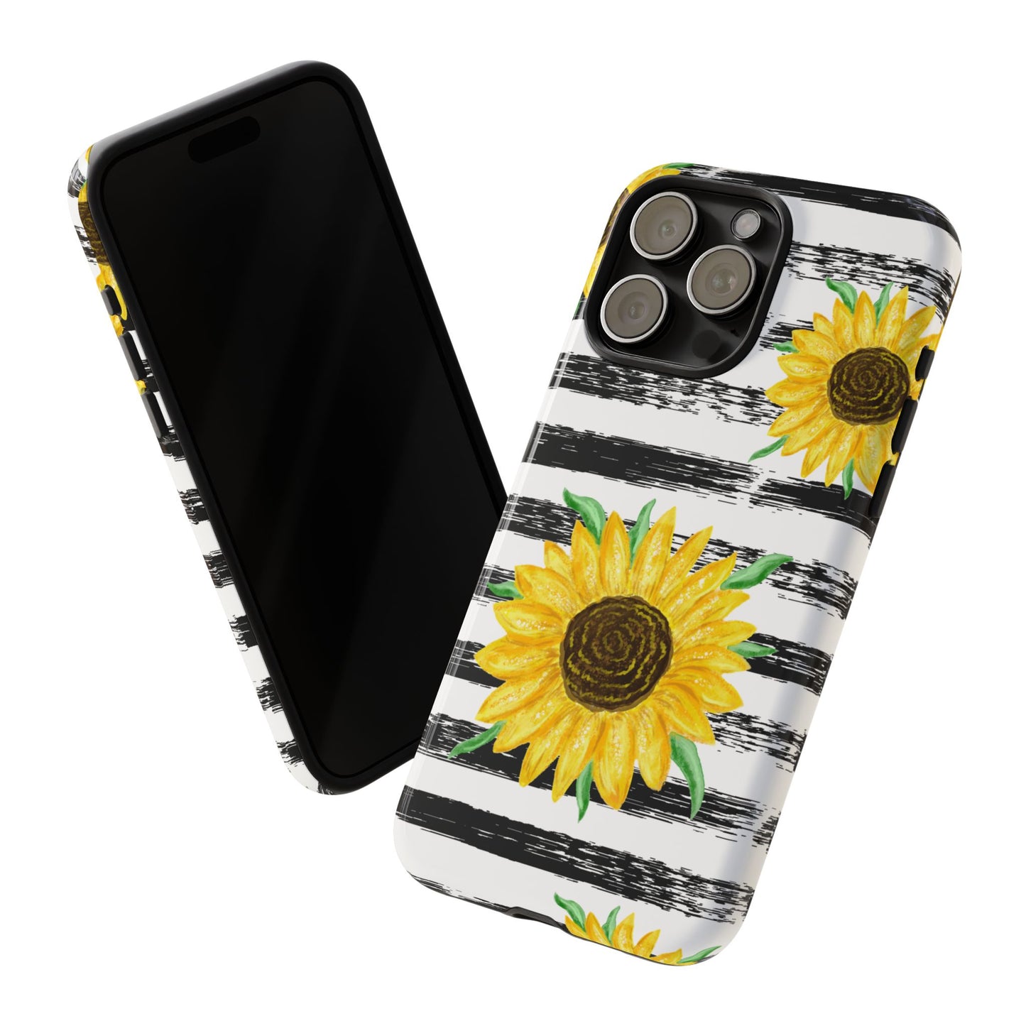Sunflower Tough Phone Case - Bright Yellow Floral Art, Black and White Striped Aesthetic, Compatible with iPhone, Galaxy, and Google Phones