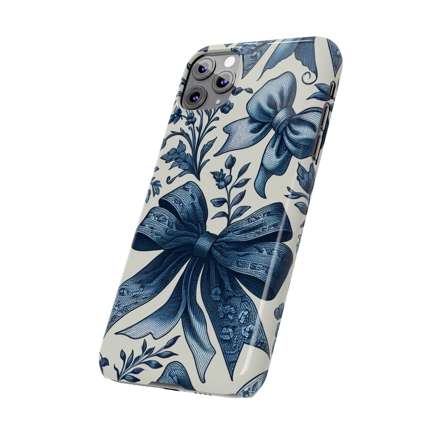 Elegant Floral Bow Slim Phone Case, Blue Flower Phone Cover, Gift for Her, Stylish Tech Accessory, Wedding Gift, Floral Design