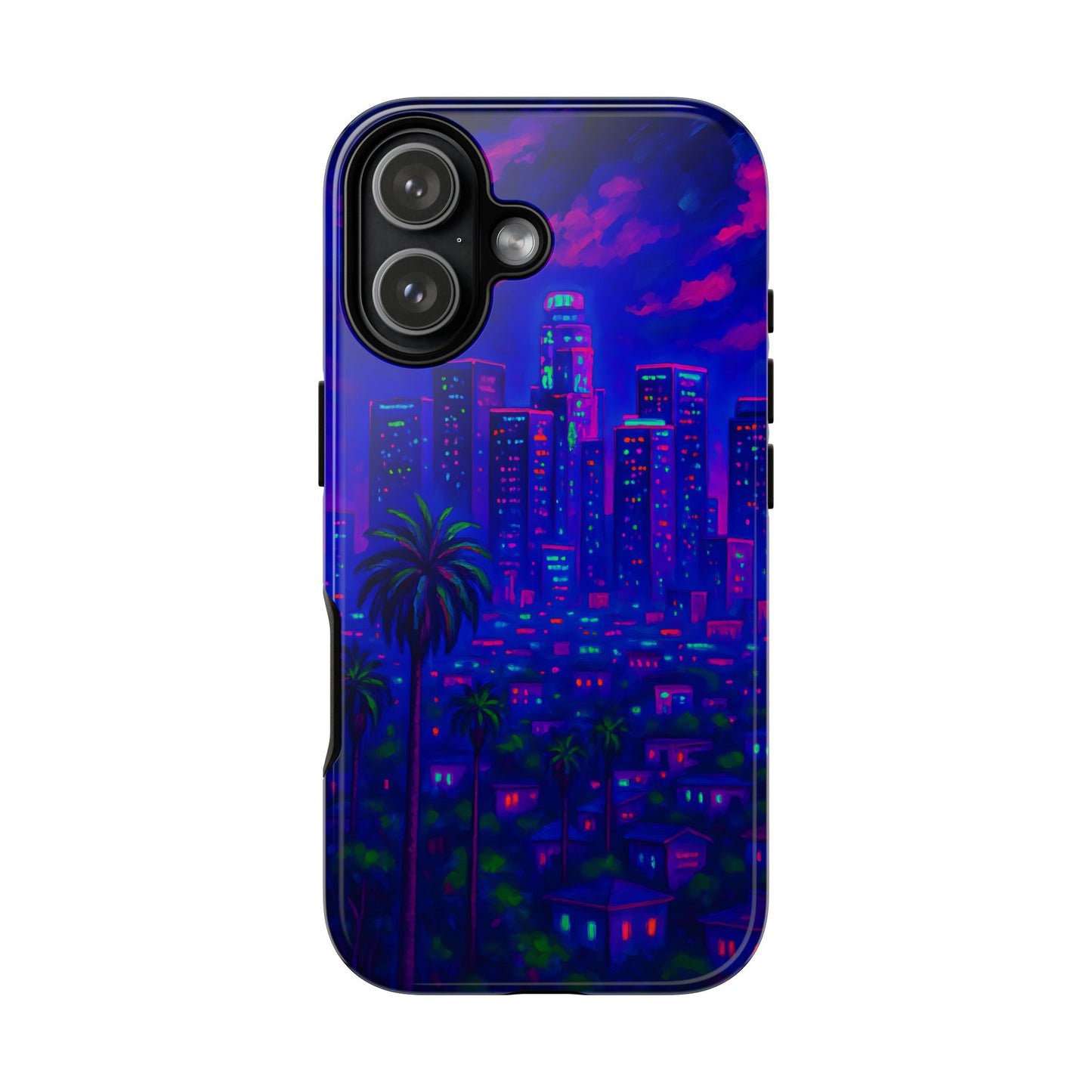 Los Angeles Cityscape Tough Phone Case - Neon Night Skyline, Sunset Urban Art, California Aesthetic, Compatible with iPhone, Galaxy, Google