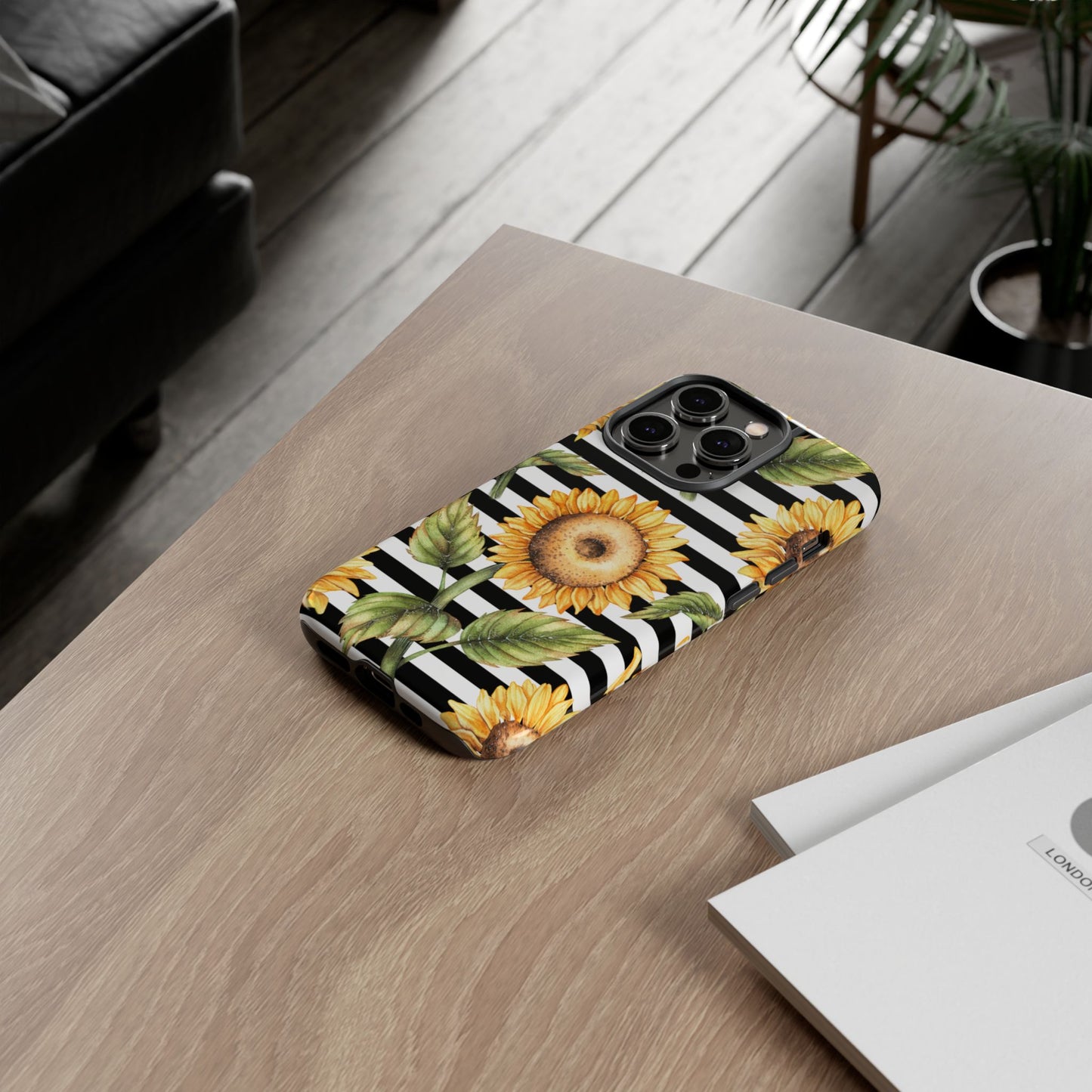 Sunflower Tough Phone Case - Bold Yellow Floral Art, Black and White Striped Aesthetic, Compatible with iPhone, Galaxy, and Google Phones