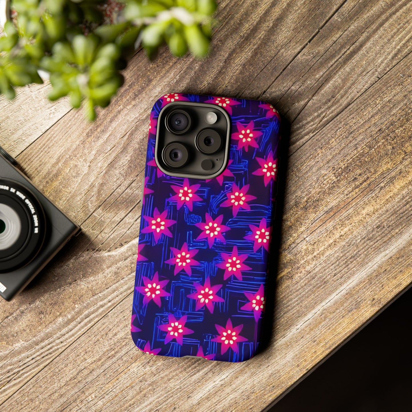 Neon Flower Tough Phone Case - Trippy Dark Floral Art, Electric Glow Aesthetic, Compatible with iPhone, Galaxy, and Google Phones