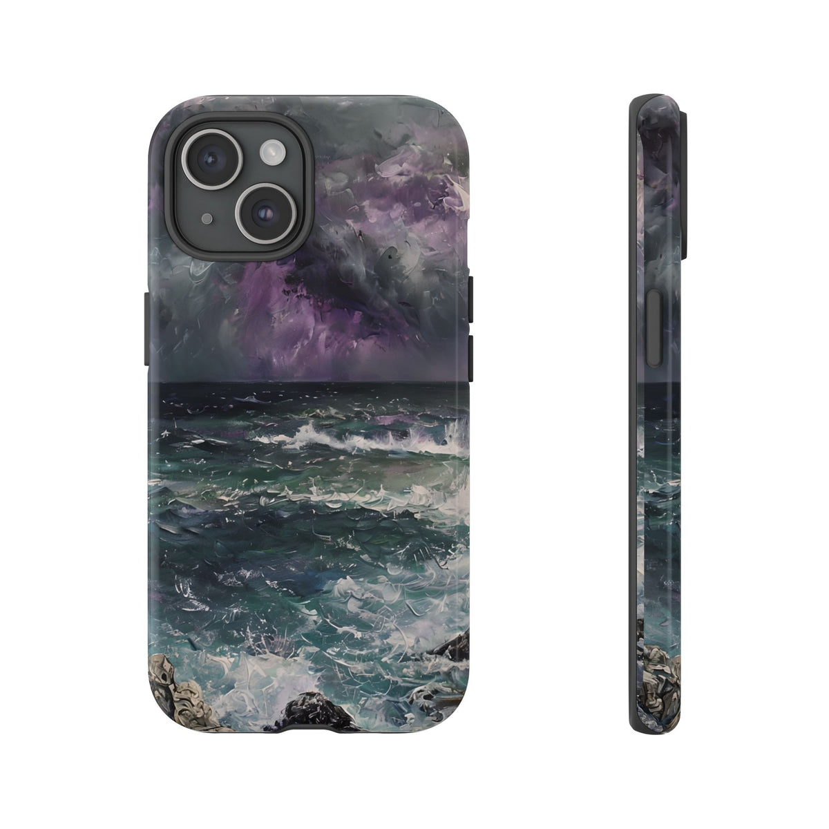 Stormy Ocean Scenery Tough Phone Case, Oil Painting, Dark Sea Waves Compatible with iPhone 17, 16, 15, 14, 13, Galaxy, Google
