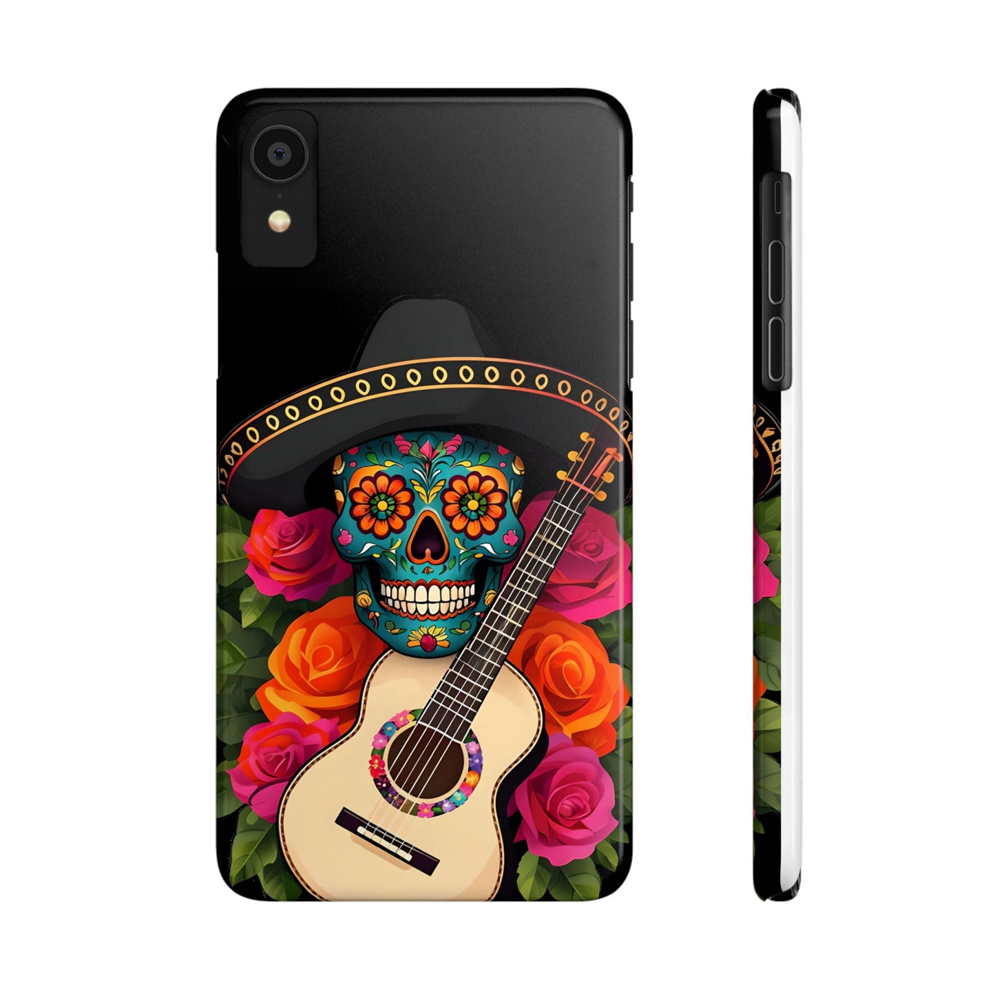 Mariachi Skull Slim Phone Case, Colorful Folk Aesthetic, Halloween Floral Skull Design, Gift for Mexican Culture Lovers