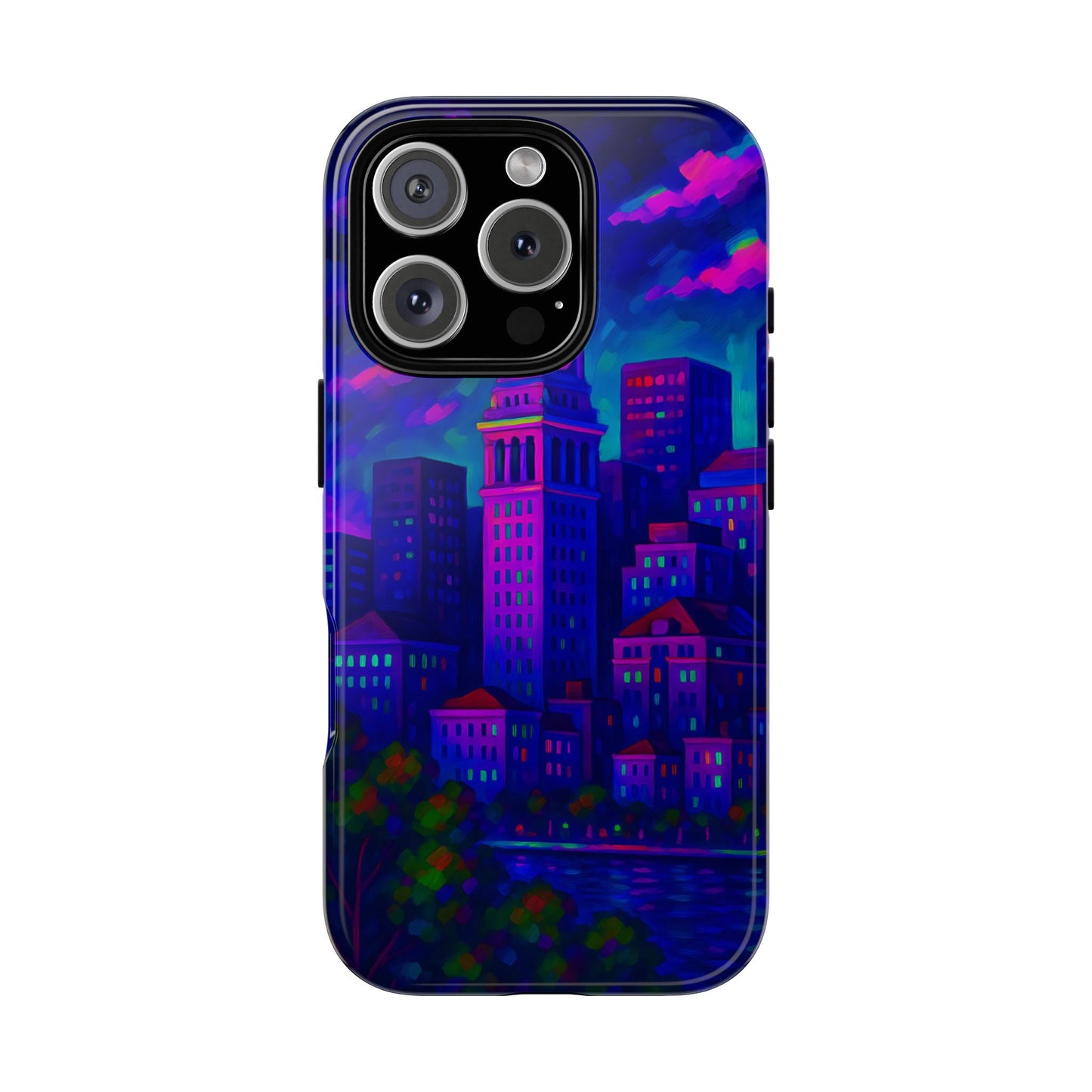 Boston Cityscape Tough Phone Case, Neon Night Skyline, Sunset Tower View Watercolor Urban Art, Compatible with iPhone, Galaxy, Google Phones