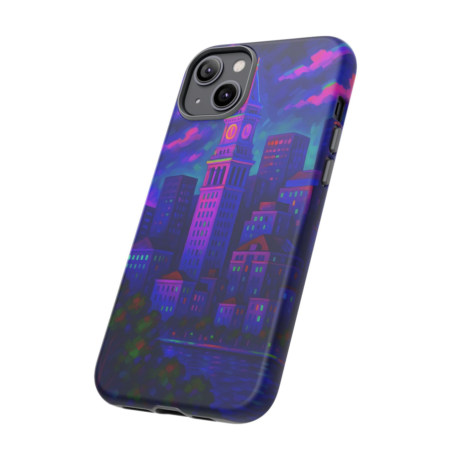 Boston Cityscape Tough Phone Case, Neon Night Skyline, Sunset Tower View Watercolor Urban Art, Compatible with iPhone, Galaxy, Google Phones