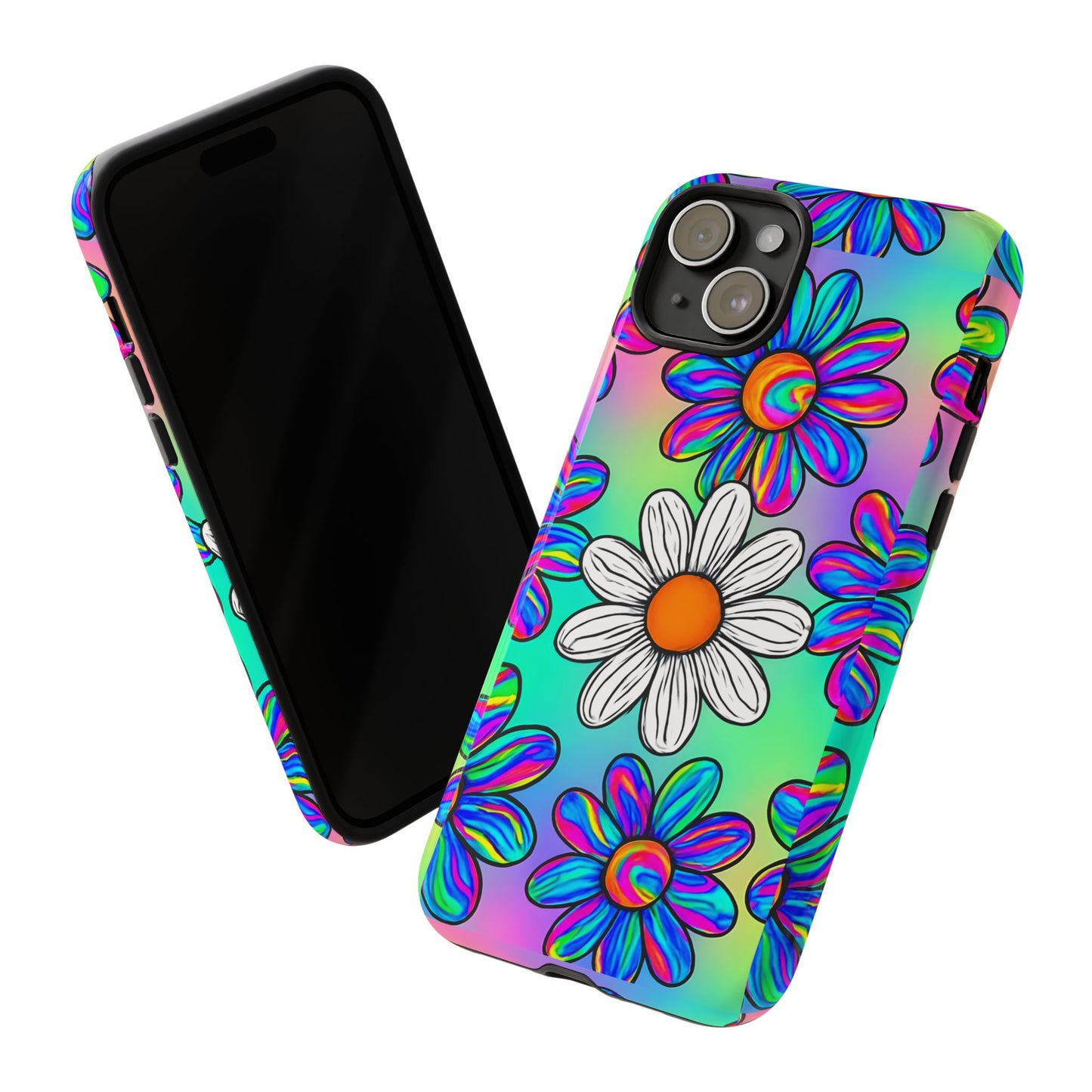 Trippy Daisy Tough Phone Case - Psychedelic Floral Design, Colorful Retro Aesthetic, Compatible with iPhone, Galaxy, and Google Phones