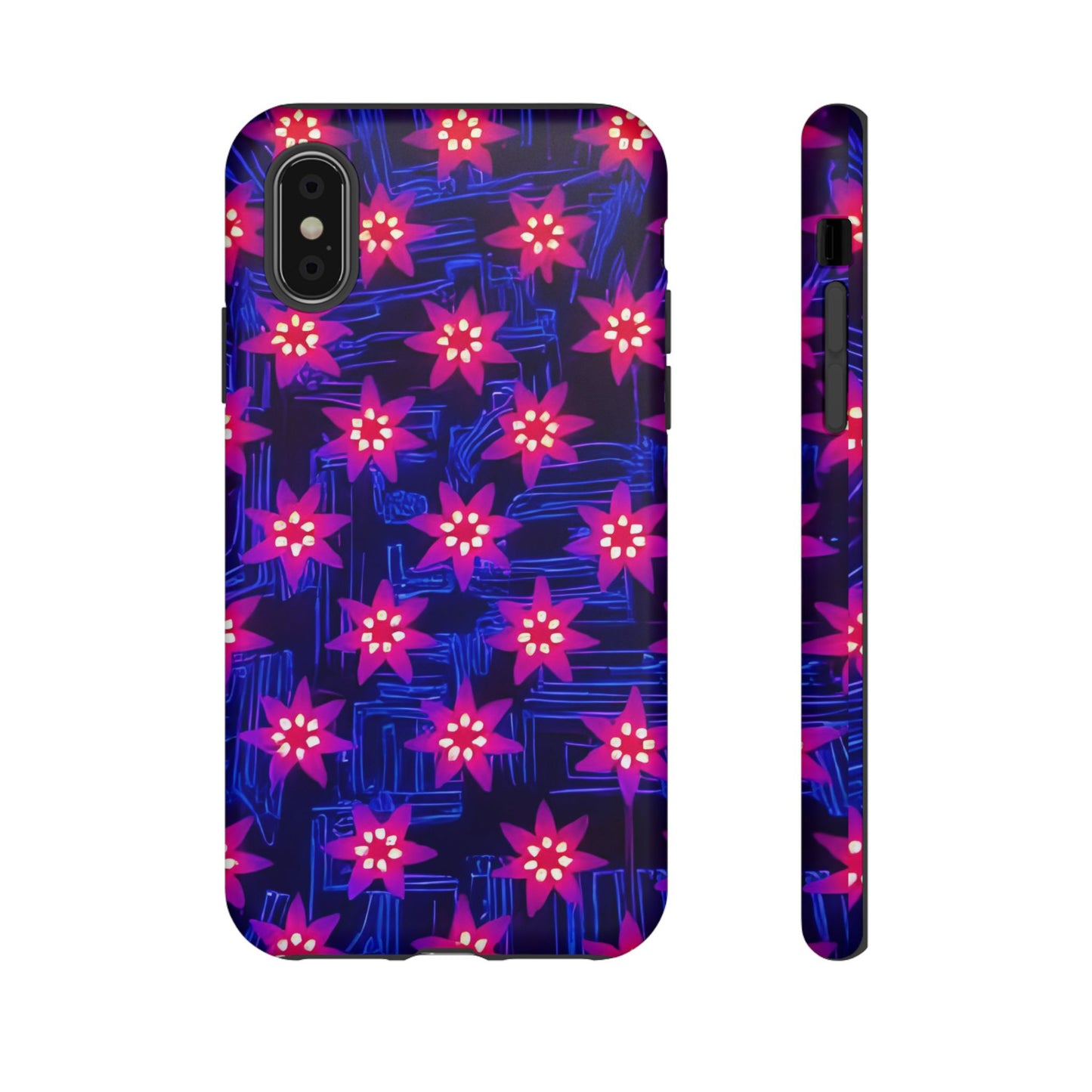 Neon Flower Tough Phone Case - Trippy Dark Floral Art, Electric Glow Aesthetic, Compatible with iPhone, Galaxy, and Google Phones