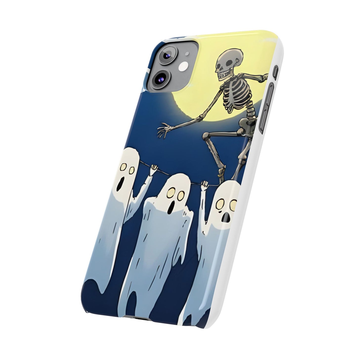 Jumping Skeleton Slim Phone Case - Halloween Aesthetic, Creepy Cute Ghost Cartoon Style, Compatible with iPhone, Galaxy, and Google Phones