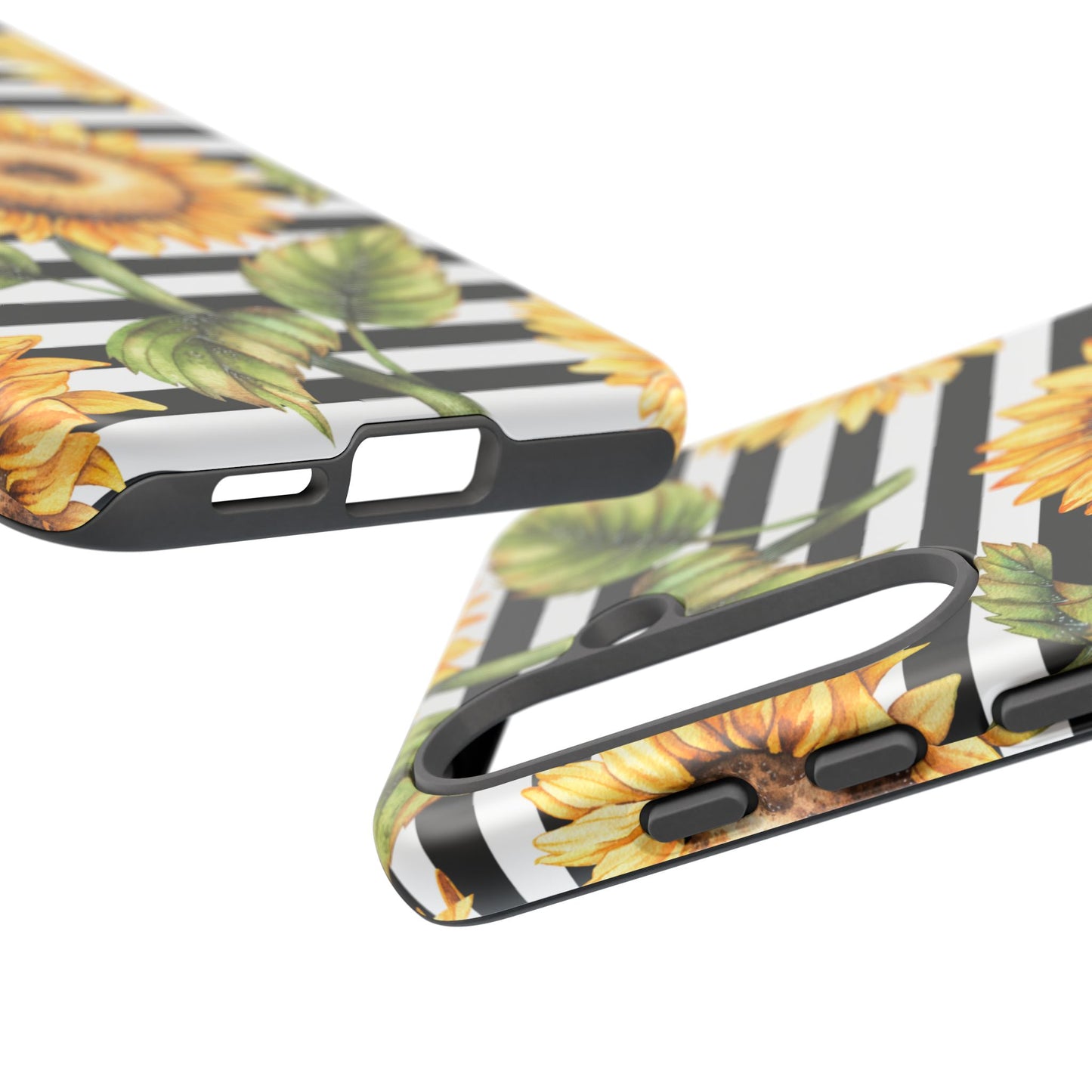 Sunflower Tough Phone Case - Bold Yellow Floral Art, Black and White Striped Aesthetic, Compatible with iPhone, Galaxy, and Google Phones