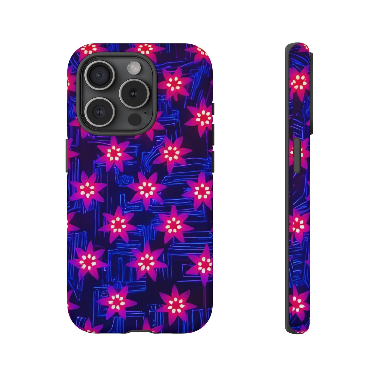 Neon Flower Tough Phone Case - Trippy Dark Floral Art, Electric Glow Aesthetic, Compatible with iPhone, Galaxy, and Google Phones