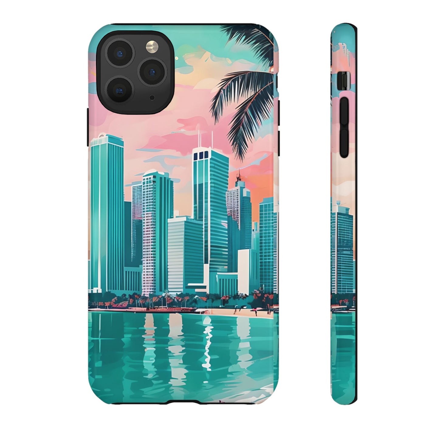 Miami Cityscape Phone Case - Tropical Skyline Tough Case, Sunset Beach Urban Art, Gift for Travelers Compatible with iPhone, Galaxy, Google