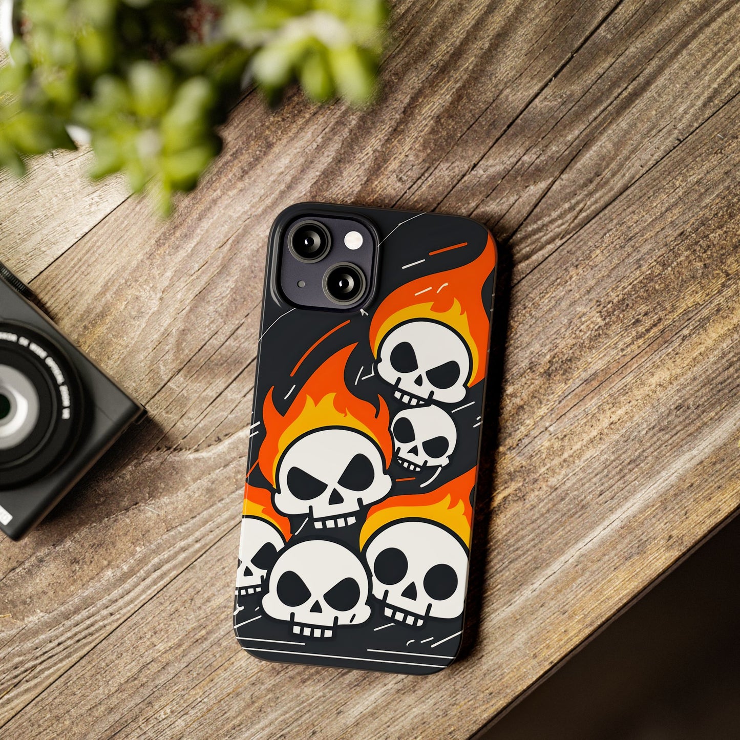 Flaming Skulls Slim Phone Case, Y2K Alt Halloween Aesthetic, Creepy Cute Cartoon Style, Stylish Music Lovers, Perfect Gift for Halloween