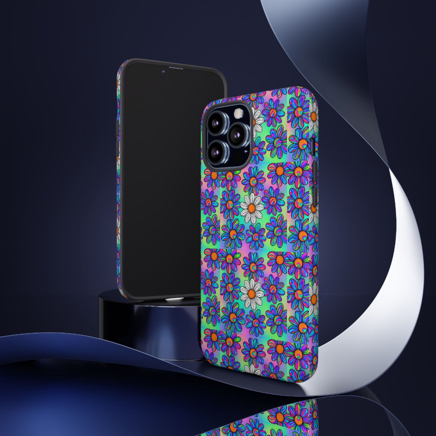 Trippy Daisy Tough Phone Case - Psychedelic Floral Aesthetic, Colorful Groovy Design, Compatible with iPhone, Galaxy, and Google Phones