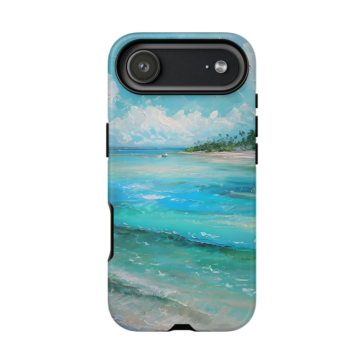 Tropical Beach Scenery Tough Phone Case, Oil Painting Phone Cover, Turquoise Ocean Compatible with iPhone 17, 16, 15, 14, 13, Galaxy, Google