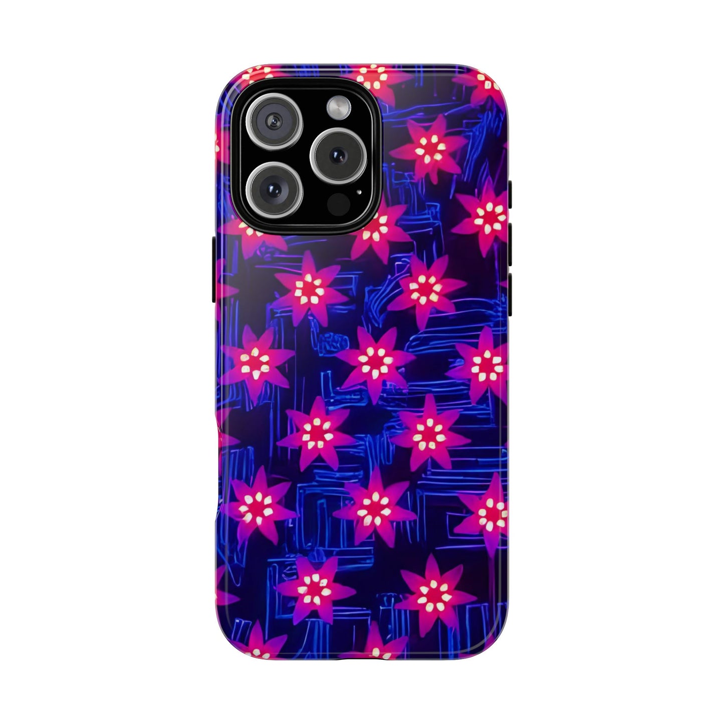 Neon Flower Tough Phone Case - Trippy Dark Floral Art, Electric Glow Aesthetic, Compatible with iPhone, Galaxy, and Google Phones