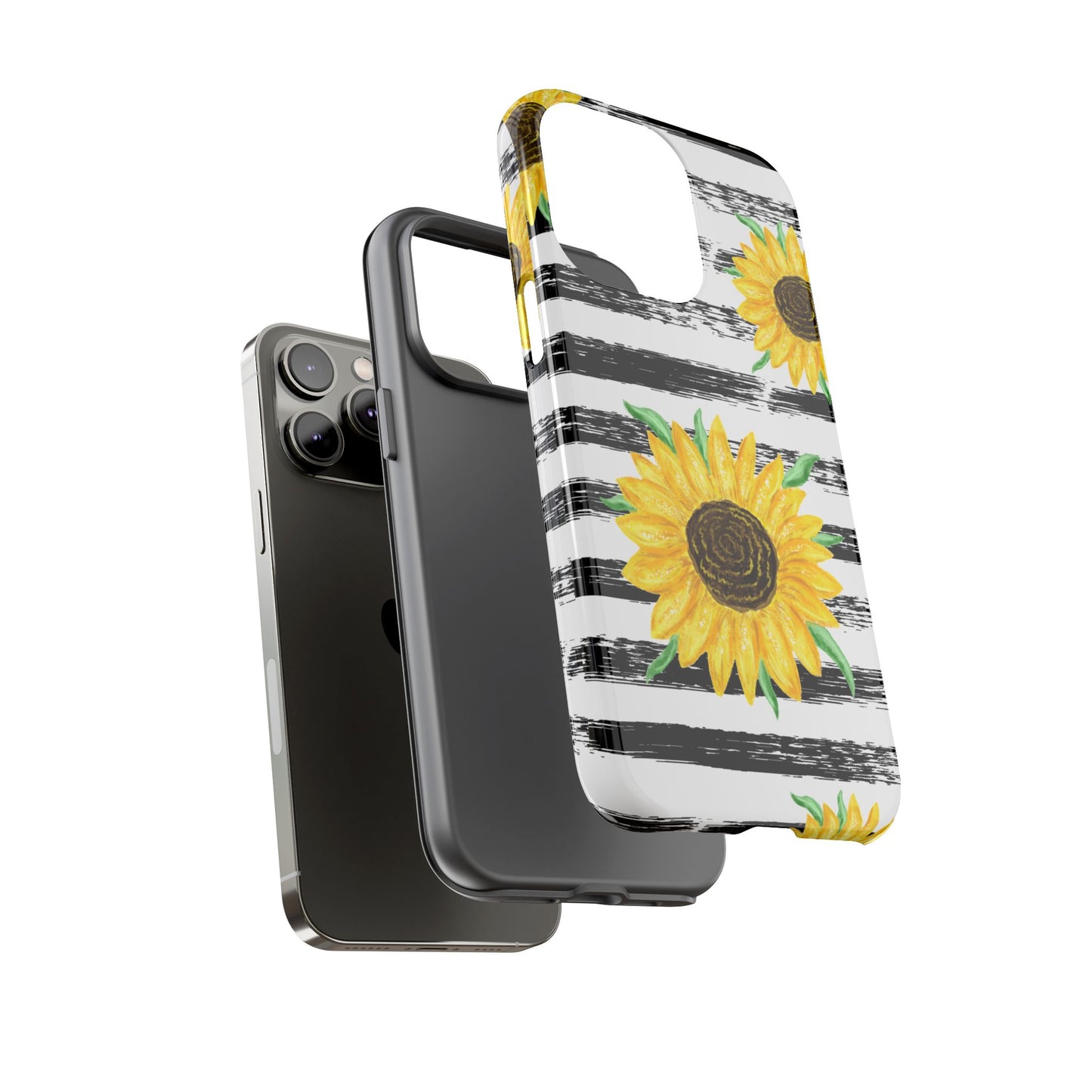 Sunflower Tough Phone Case - Bright Yellow Floral Art, Black and White Striped Aesthetic, Compatible with iPhone, Galaxy, and Google Phones