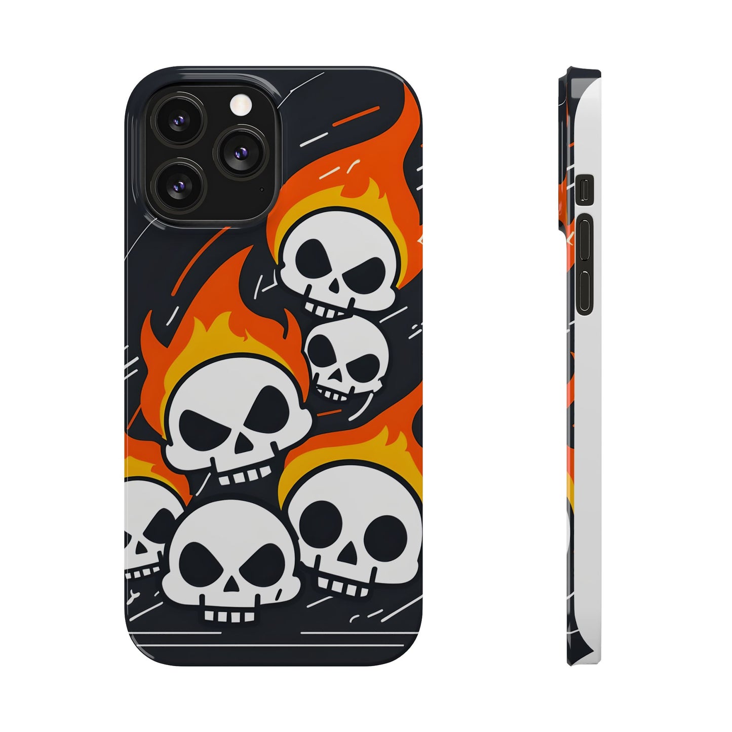 Flaming Skulls Slim Phone Case, Y2K Alt Halloween Aesthetic, Creepy Cute Cartoon Style, Stylish Music Lovers, Perfect Gift for Halloween