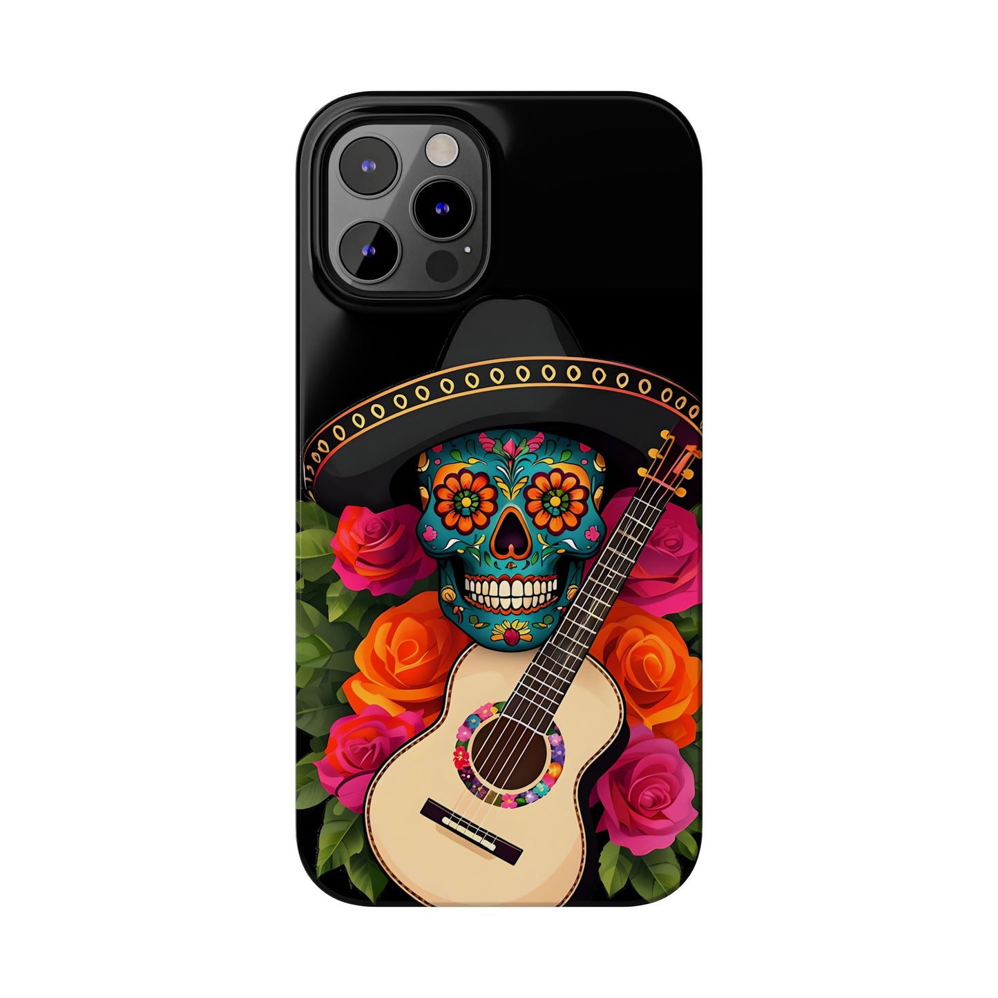 Mariachi Skull Slim Phone Case, Colorful Folk Aesthetic, Halloween Floral Skull Design, Gift for Mexican Culture Lovers