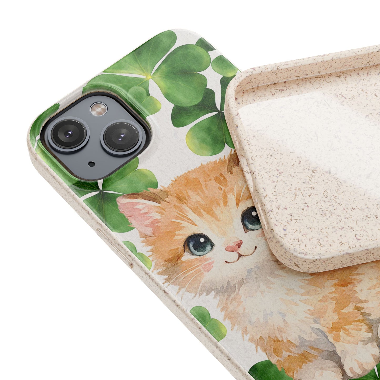 Ginger Kitten Biodegradable Phone Case, St Patricks Day Cat Art with Shamrocks, Irish Cat Gift Compatible with iPhone