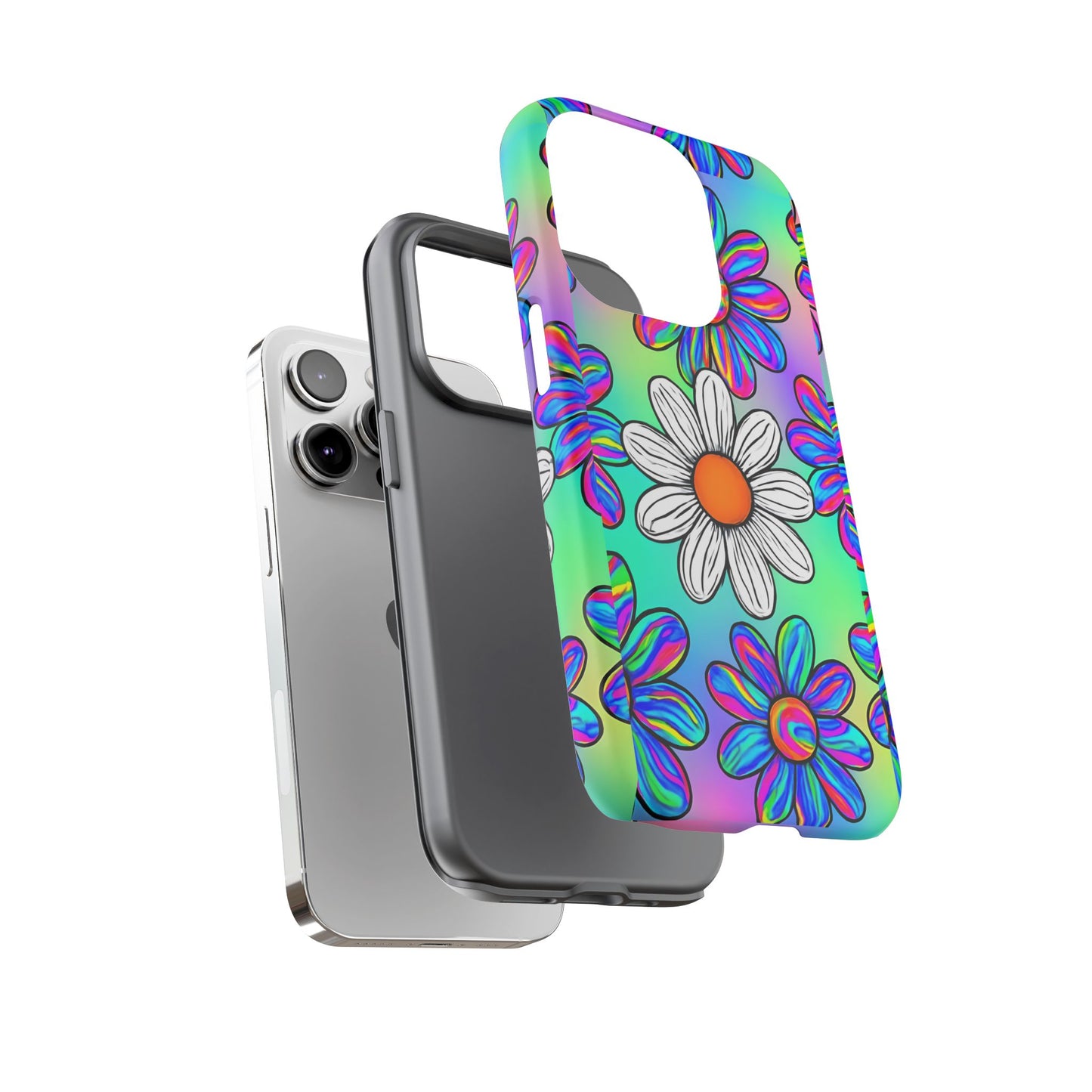 Trippy Daisy Tough Phone Case - Psychedelic Floral Design, Colorful Retro Aesthetic, Compatible with iPhone, Galaxy, and Google Phones