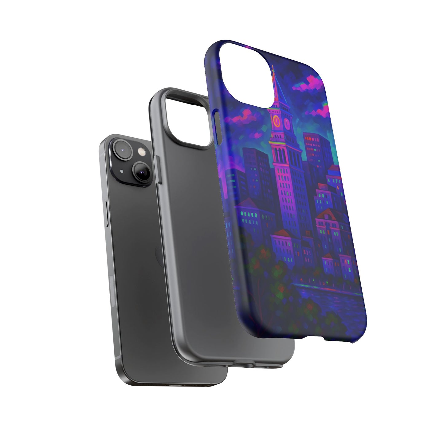 Boston Cityscape Tough Phone Case, Neon Night Skyline, Sunset Tower View Watercolor Urban Art, Compatible with iPhone, Galaxy, Google Phones