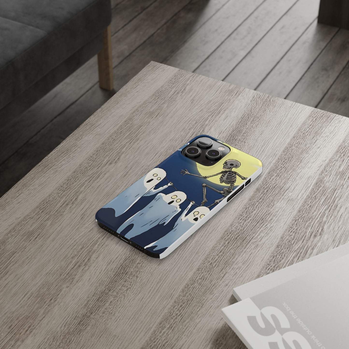 Jumping Skeleton Slim Phone Case - Halloween Aesthetic, Creepy Cute Ghost Cartoon Style, Compatible with iPhone, Galaxy, and Google Phones