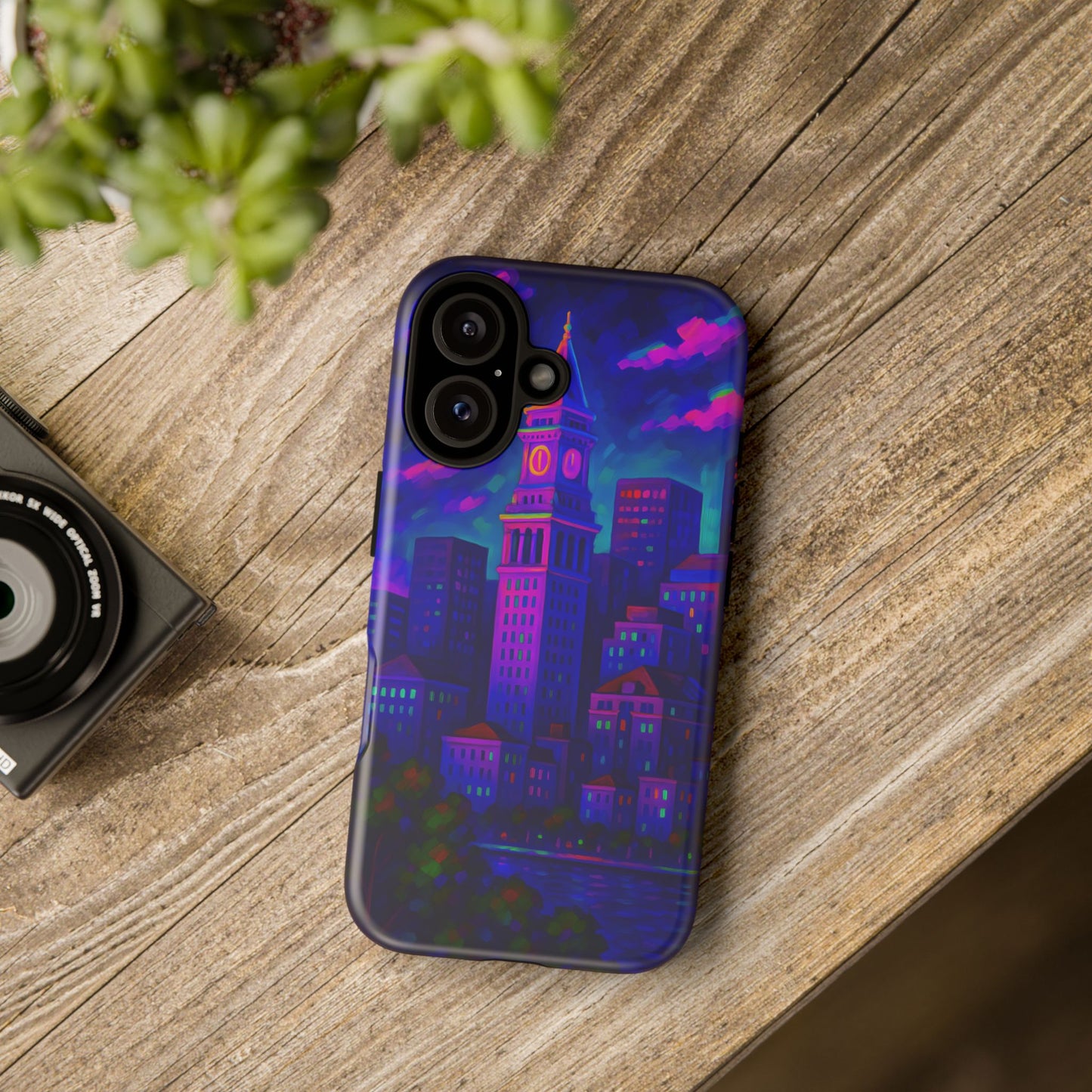 Boston Cityscape Tough Phone Case, Neon Night Skyline, Sunset Tower View Watercolor Urban Art, Compatible with iPhone, Galaxy, Google Phones