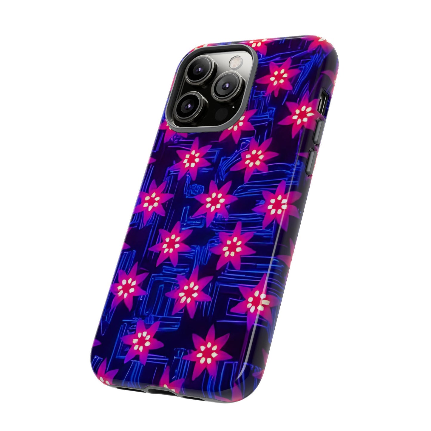 Neon Flower Tough Phone Case - Trippy Dark Floral Art, Electric Glow Aesthetic, Compatible with iPhone, Galaxy, and Google Phones