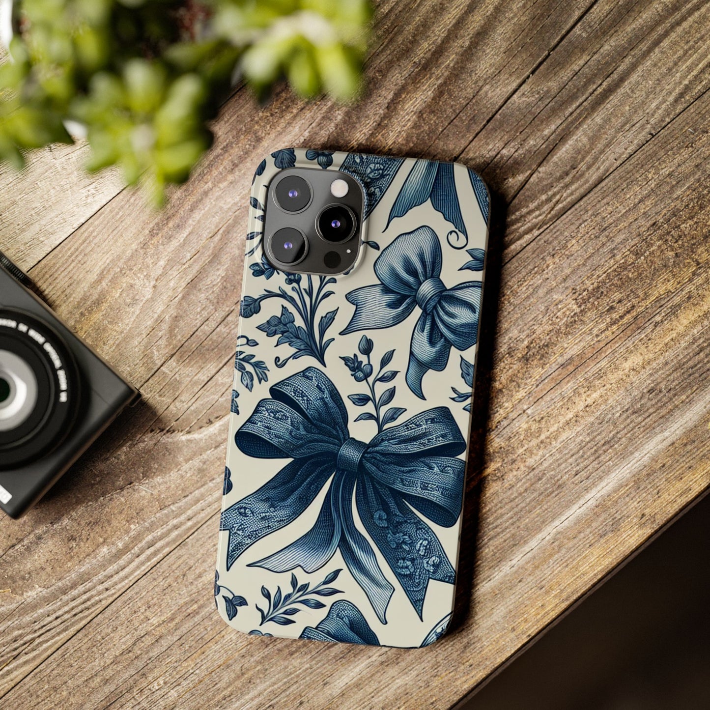 Elegant Floral Bow Slim Phone Case, Blue Flower Phone Cover, Gift for Her, Stylish Tech Accessory, Wedding Gift, Floral Design